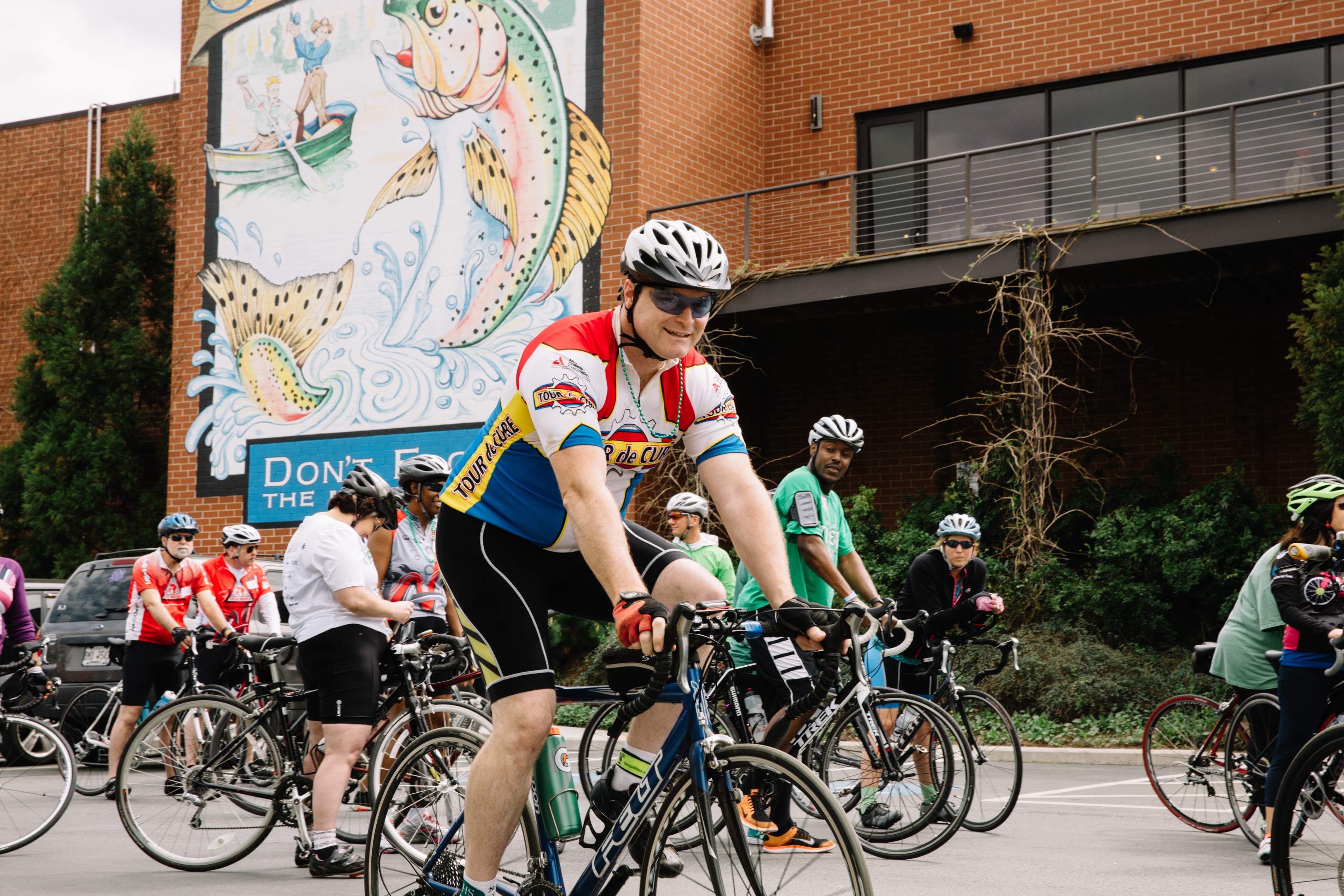 Bicyclists riding for the non-profit American Diabetes Association at a fundraiser outside of Sweetwater Brewery in Atlanta