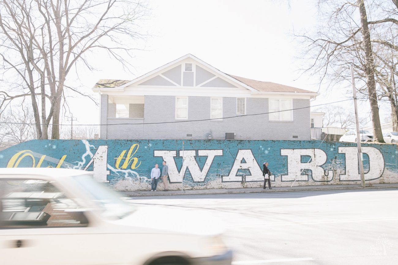 Two men standing in front of Old 4th Ward mural.