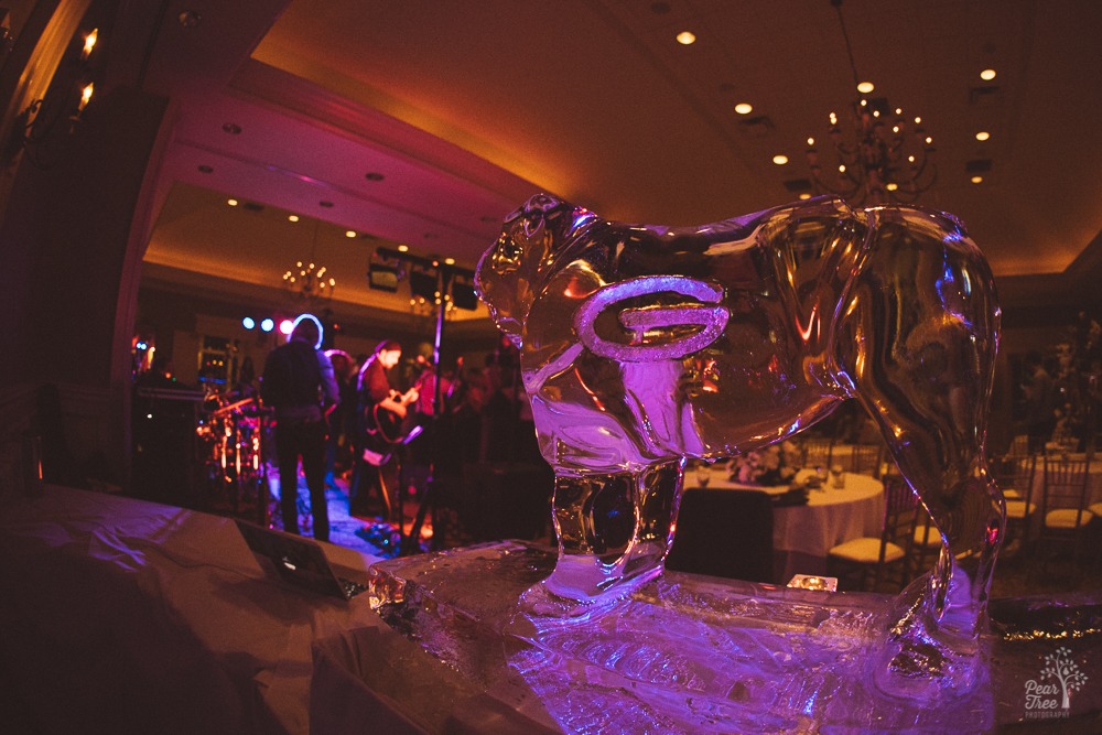 Georgia Bulldog ice sculpture overlooking wedding reception inside the Atlanta Country Club.