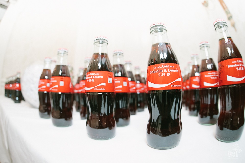 Coca Cola bottles for Brandon & Lauren with 9-15-18 wedding date on labels.