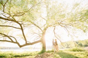 Loving couple facing each other and holding hands under large tree at sunset