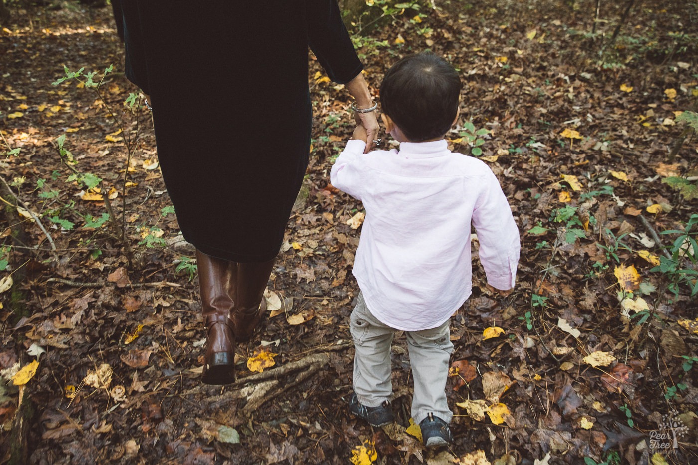 Mom holding her little boy's hand as they walk through the woods with autumn leaves on the ground.