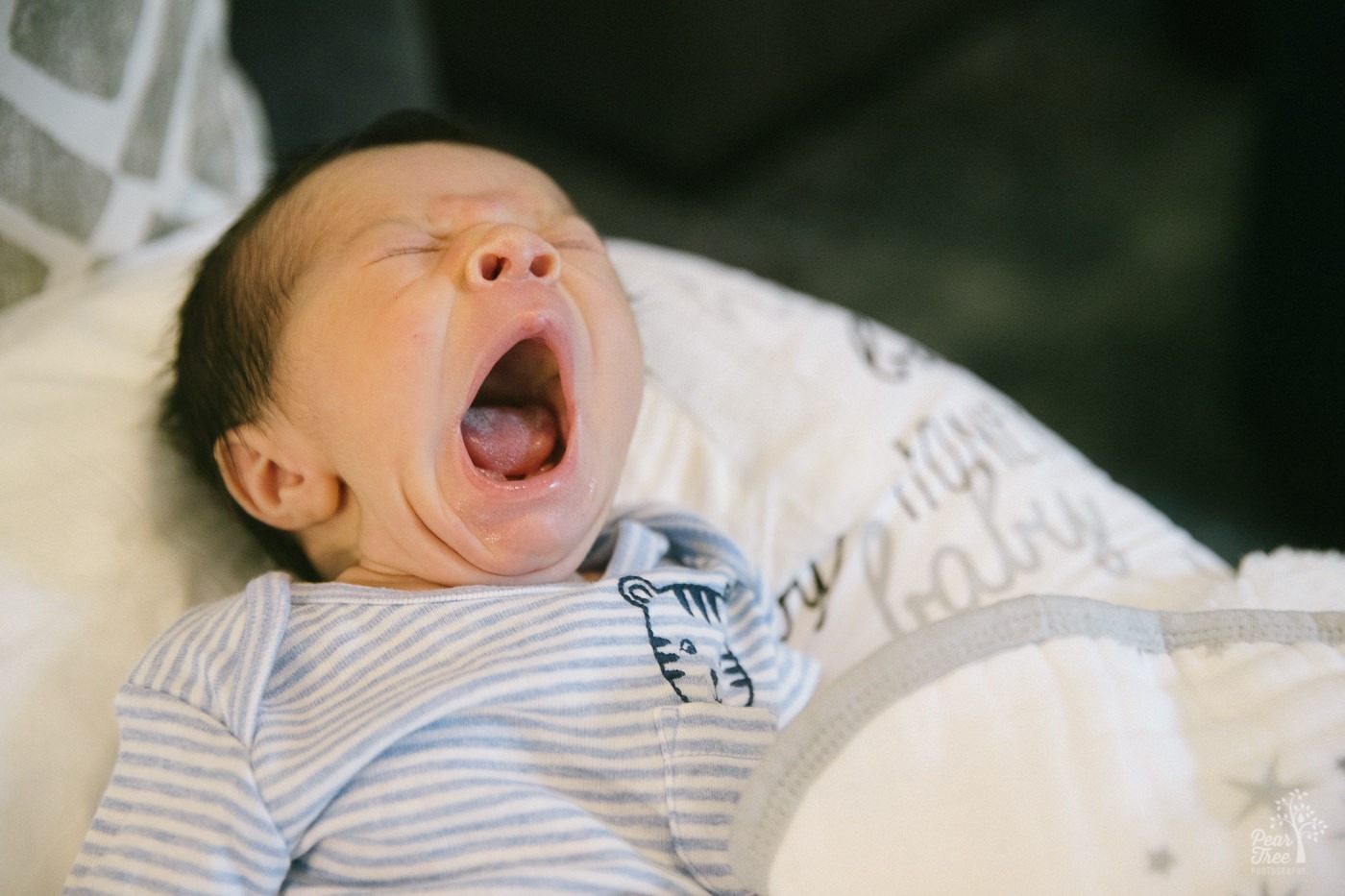 Five day old yawning big in his zebra onesie.