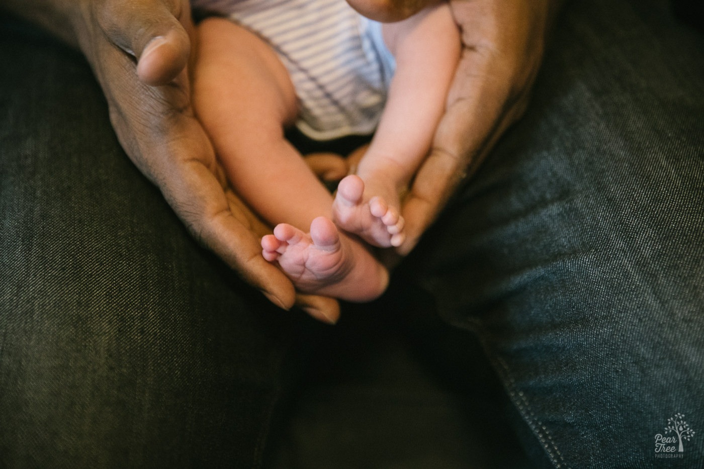 Dad's hands holding his five day old newborn around his legs and feet.