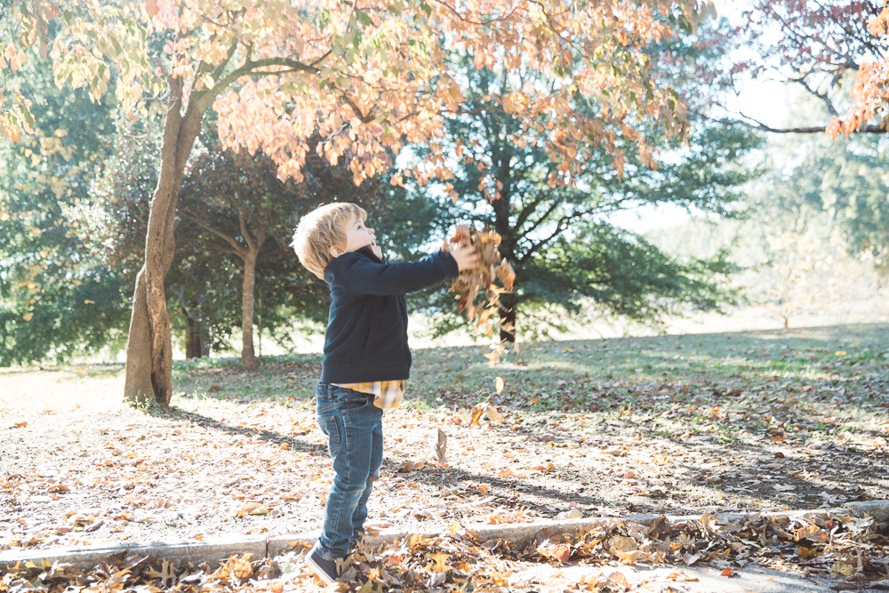 Cute toddler boy throwing fall leaves up in the air at Piedmont Park