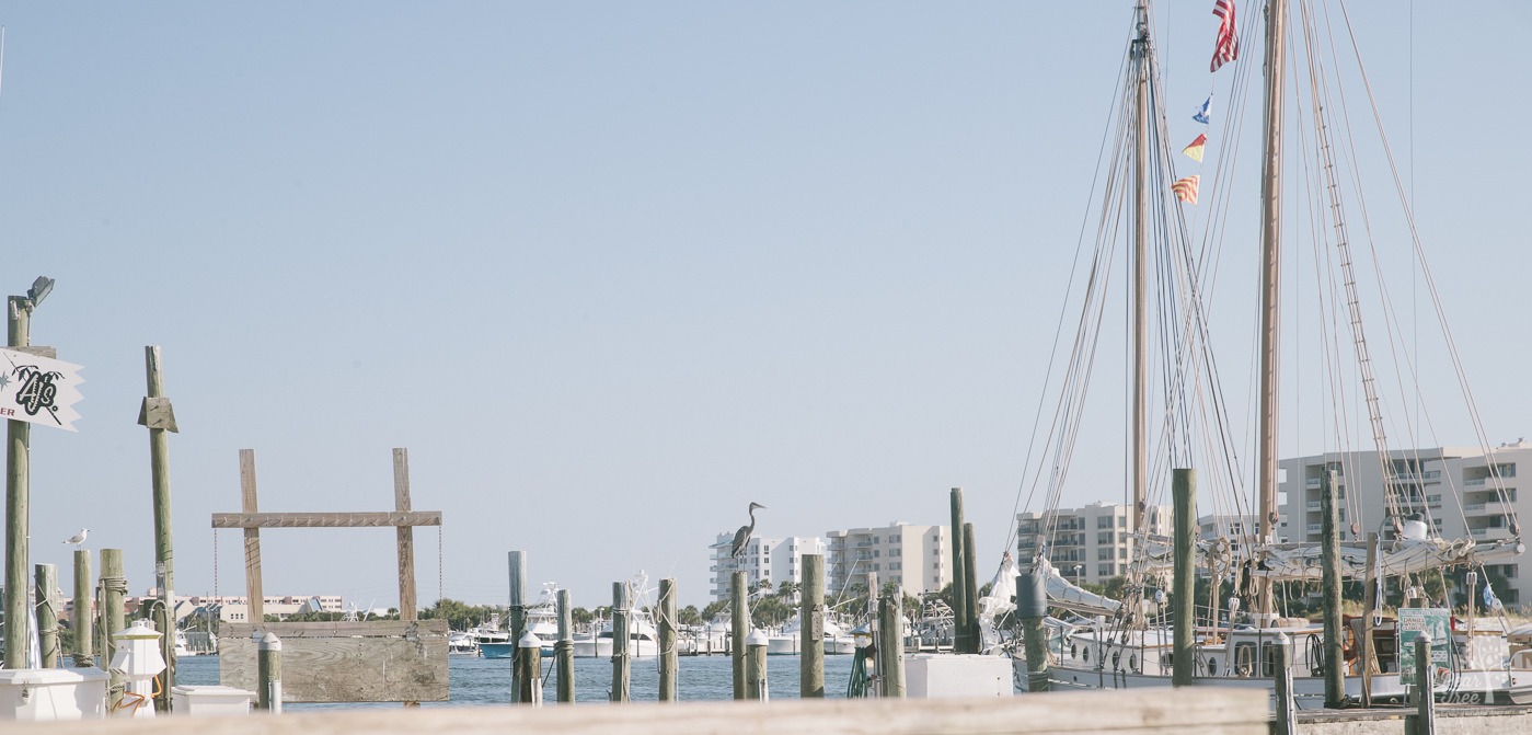 Destin Harbor with AJ's Dolphin Cruise boats and a crane standing on the pier.