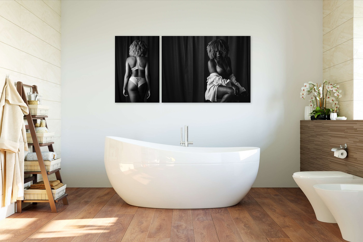 Gorgeous metal wall art of African American beauty black & white boudoir portraits hung over incredibly modern bath tub