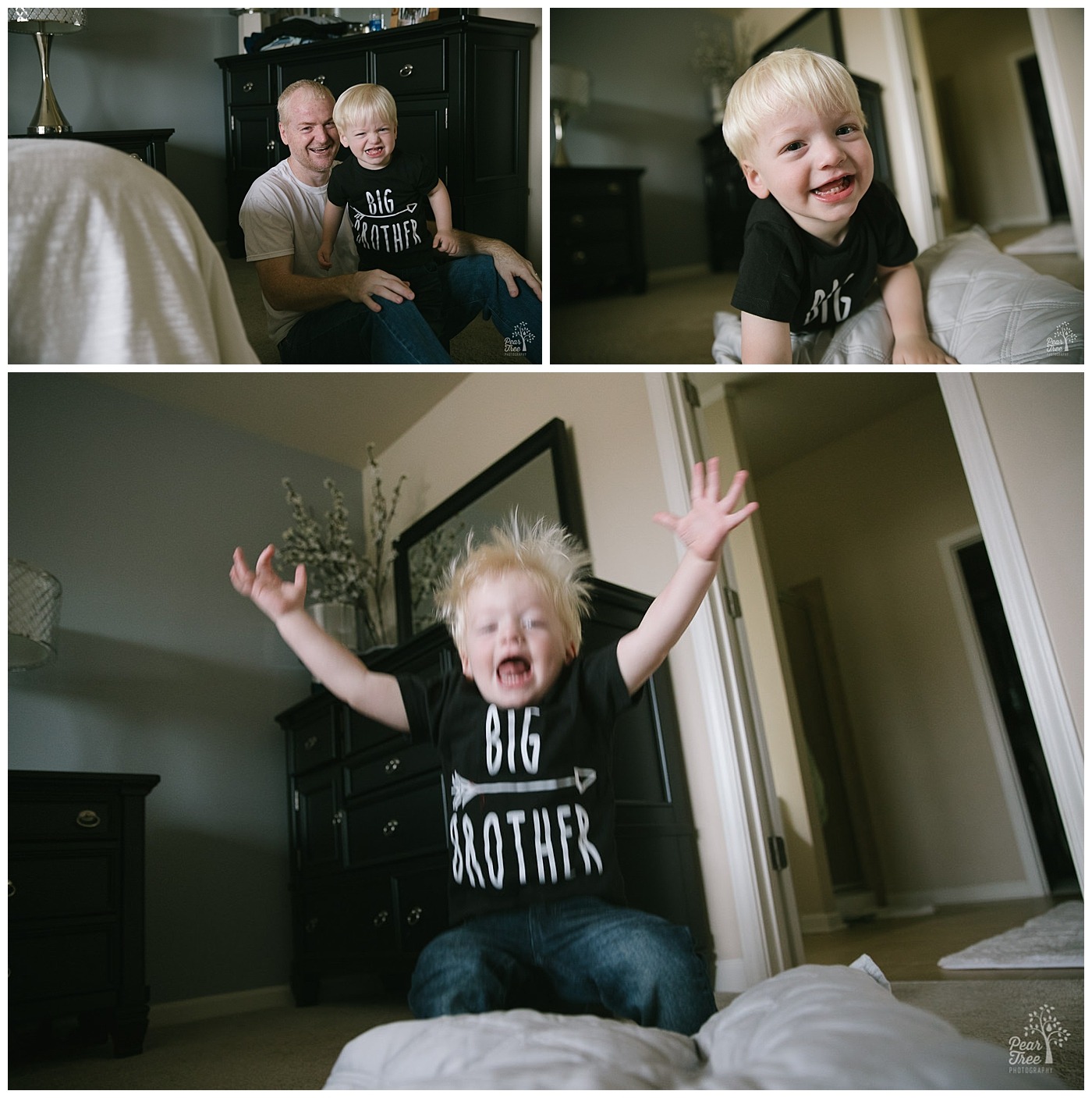 Big brother toddler being silly, jumping and smiling