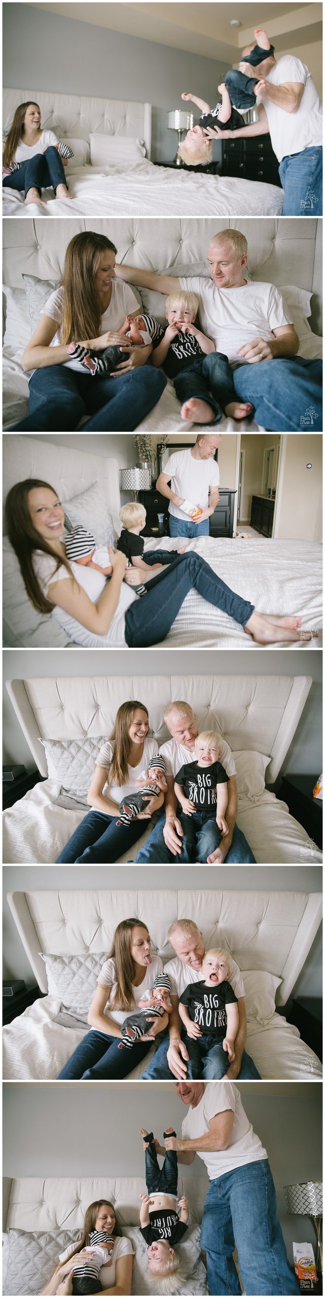 Parents snuggling with their toddler and newborn sons in bed