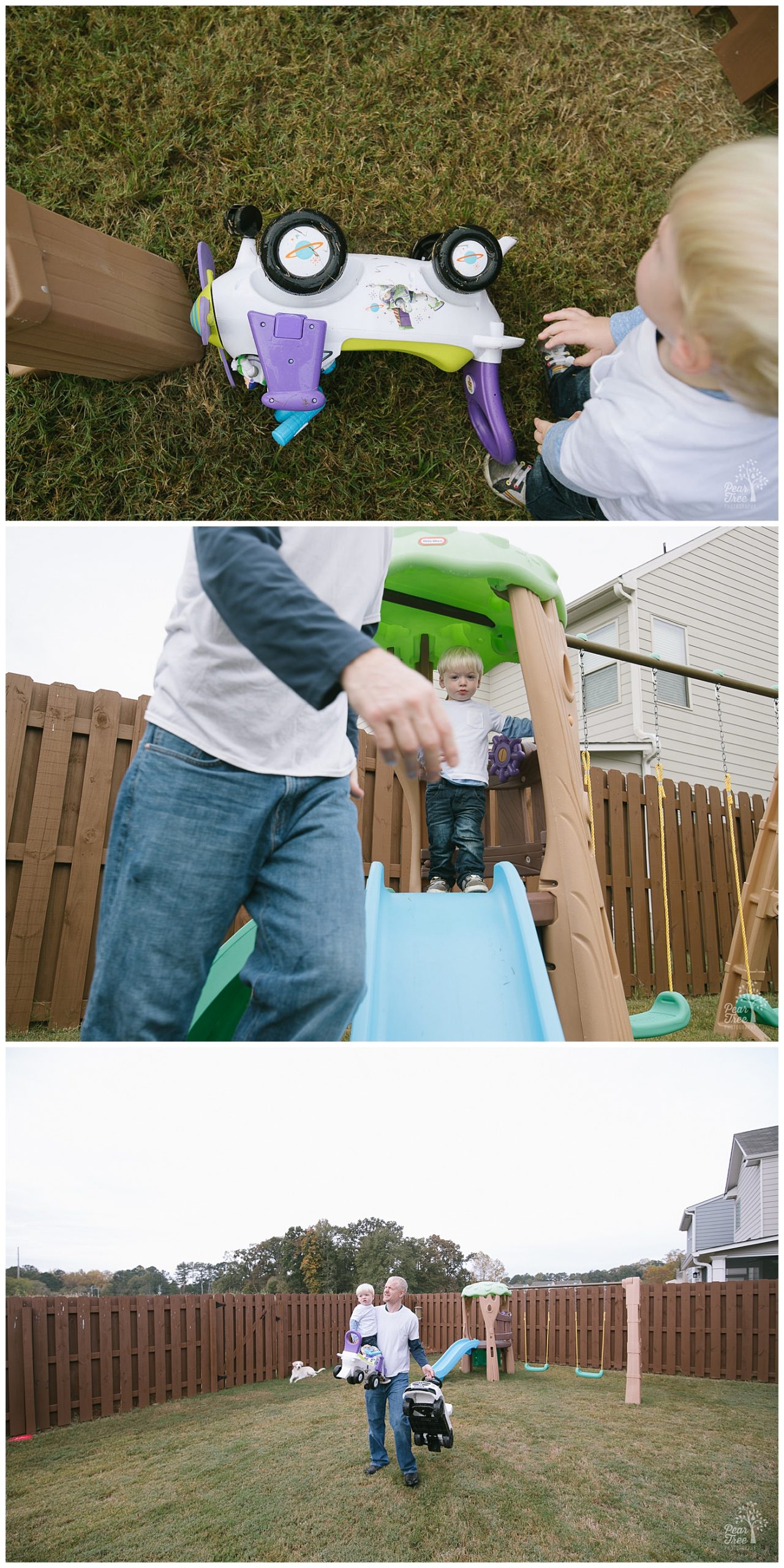 Little boy playing on his playset in the backyard