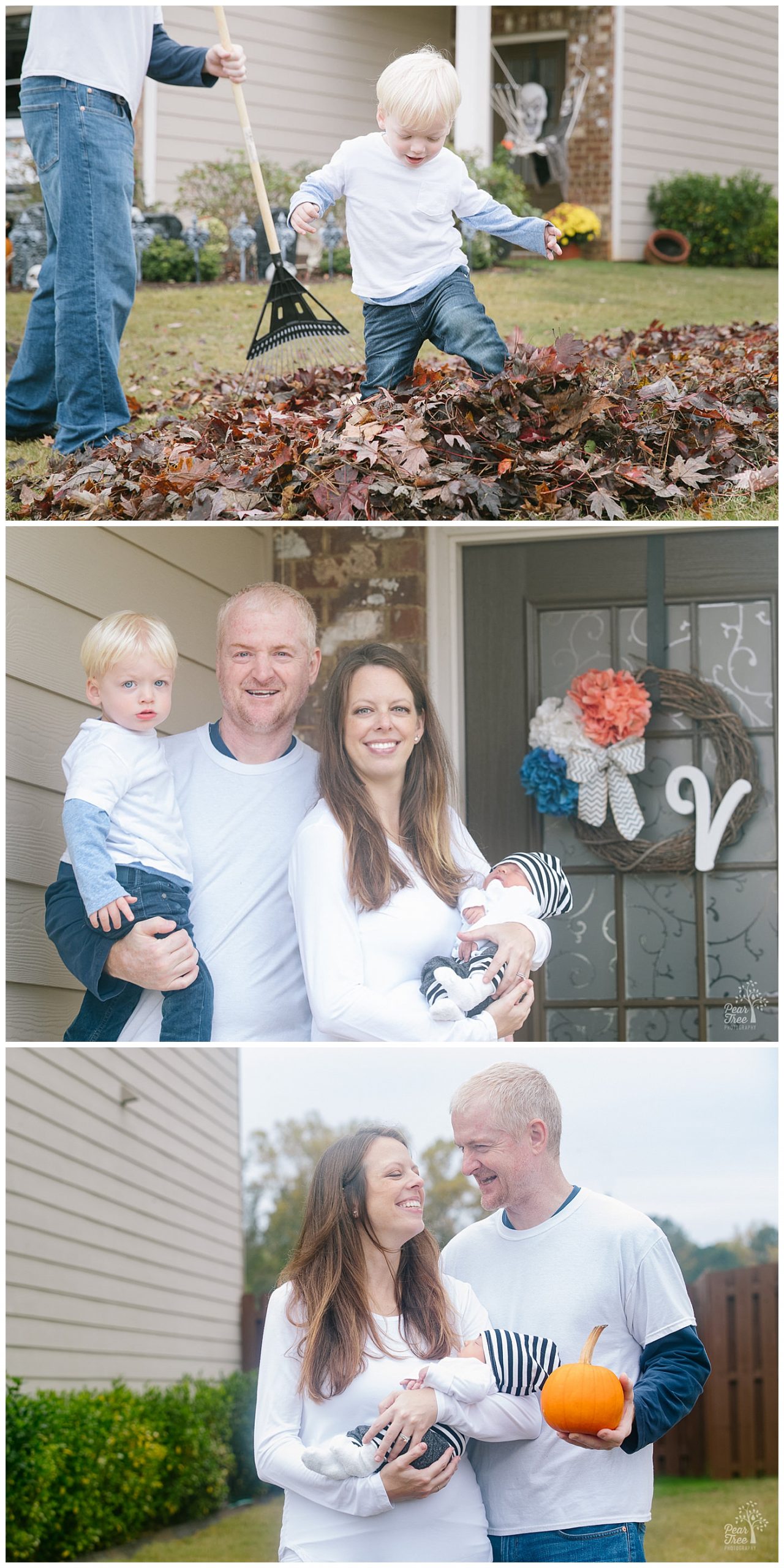 Sweet family standing in front of their Alpharetta home with Halloween decorations on the door at the end of their lifestyle newborn photo session