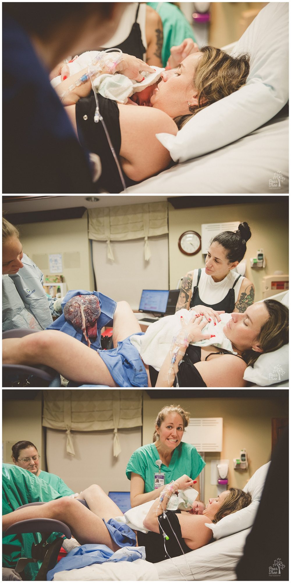 Mom holding her newborn baby boy while looking at her midwife hold up the large and healthy placenta during Luca's Atlanta birth story.