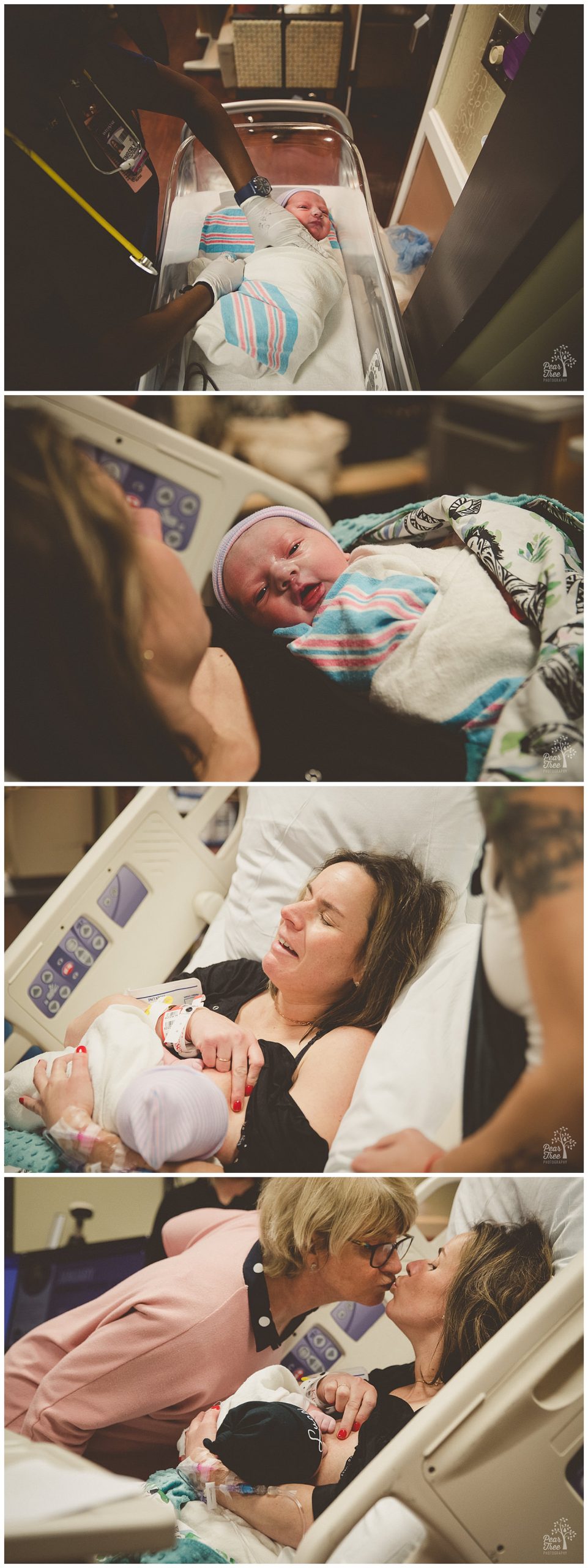 Newborn baby boy being swaddled by a nurse, held by his mama, and breast feeding for the first time.