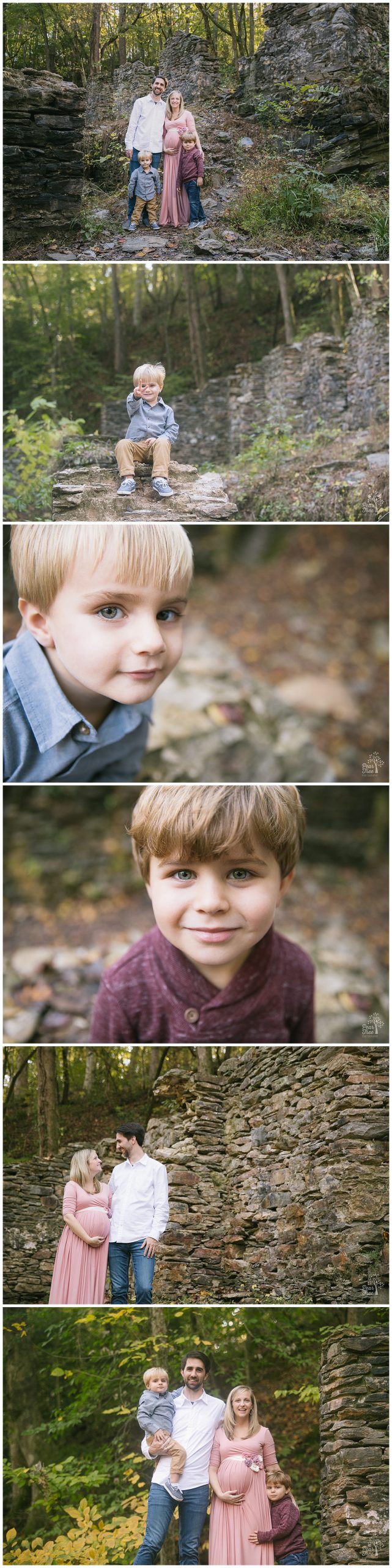 Two cute brothers being sweet with their parents at Sope Creek Mill Ruins