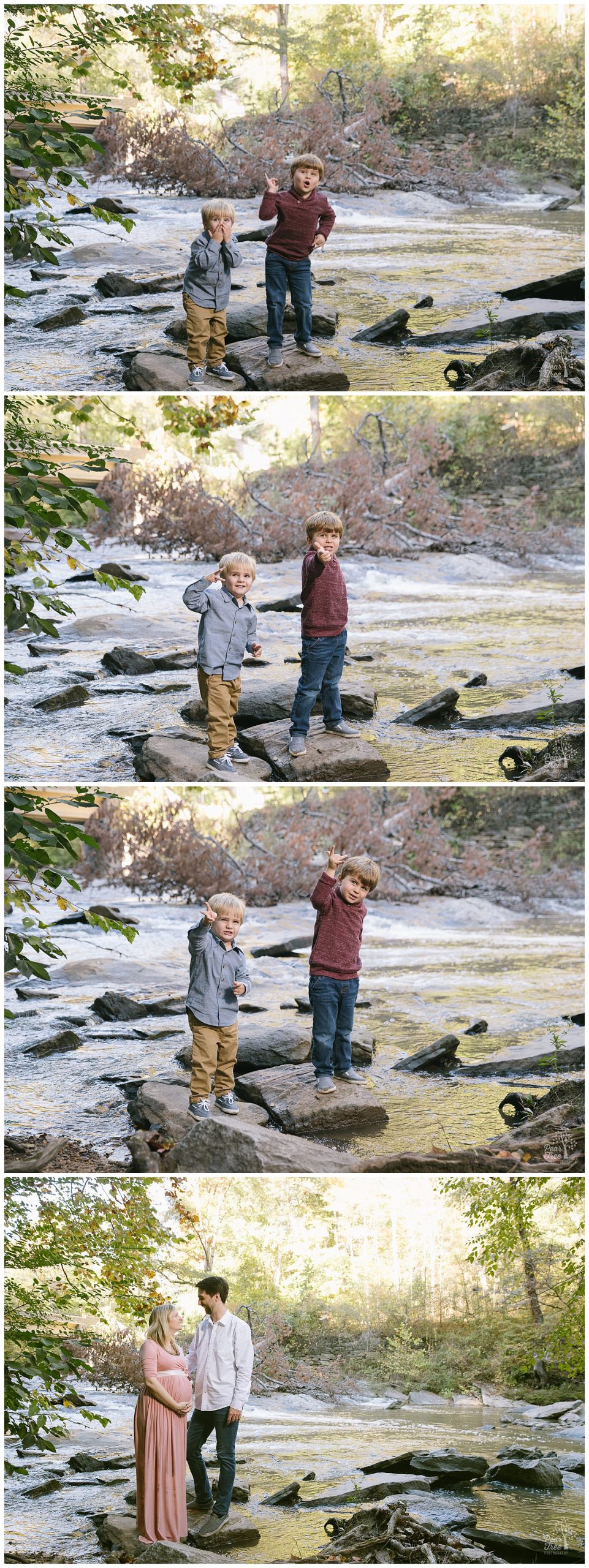 Two cute brothers throwing pretend Spiderman while their parents make photographs at Sope Creek