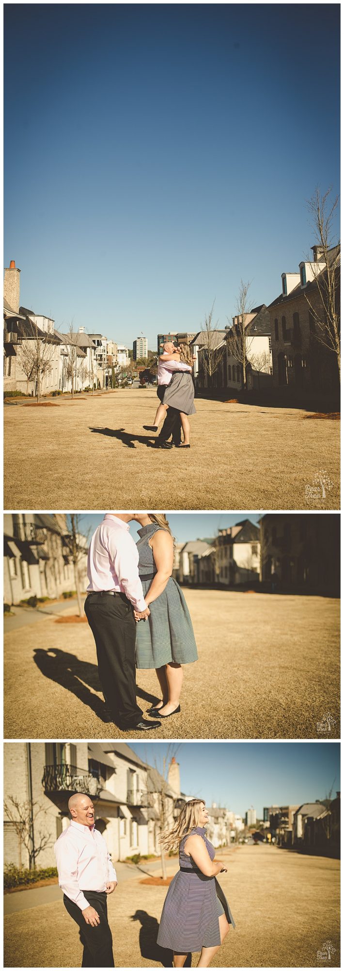 Sweet engaged couple kissing, dancing, and being silly during their engagement session in Avalon.