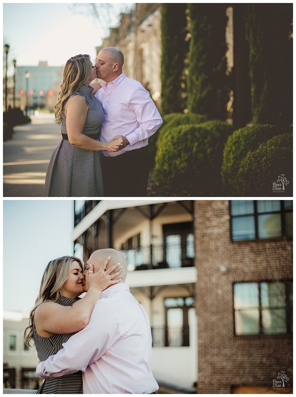 Sweet couple kissing at Avalon during their engagement session