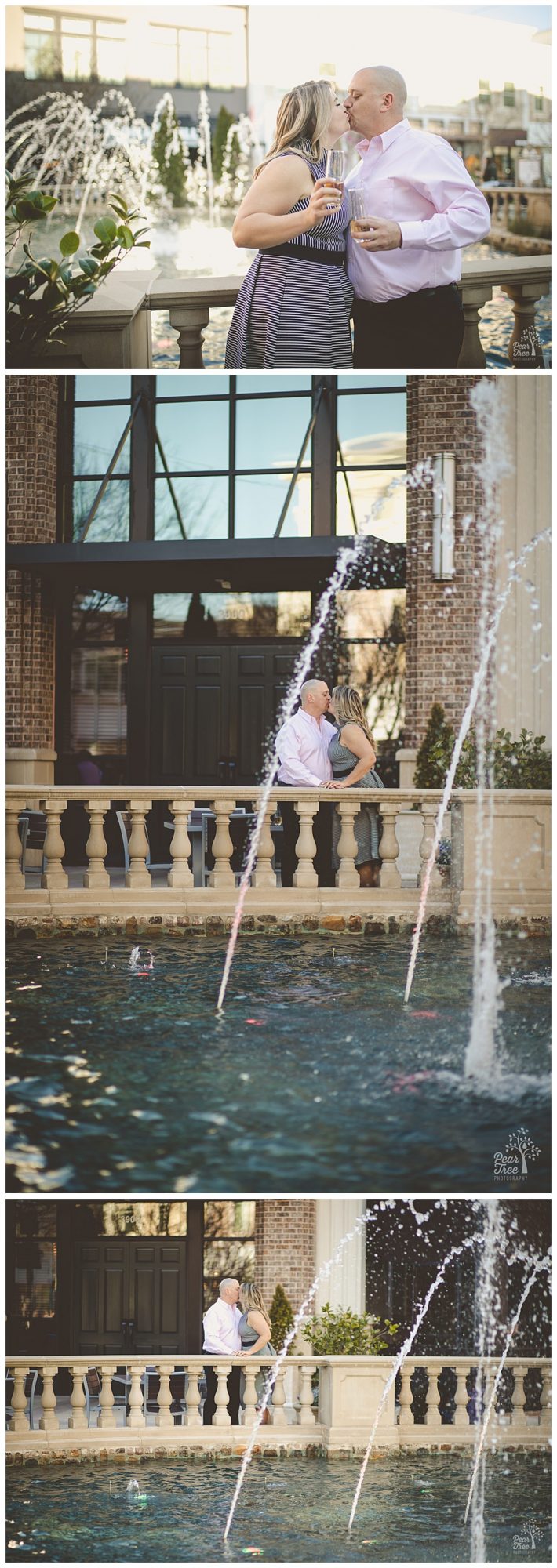 Romantic engaged couple kissing by Avalon fountains and toasting with champagne.