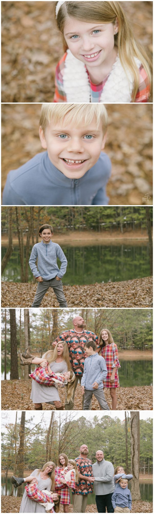 Fun Canton family photo session with Dad wearing a crazy shirt covered in his wife's face