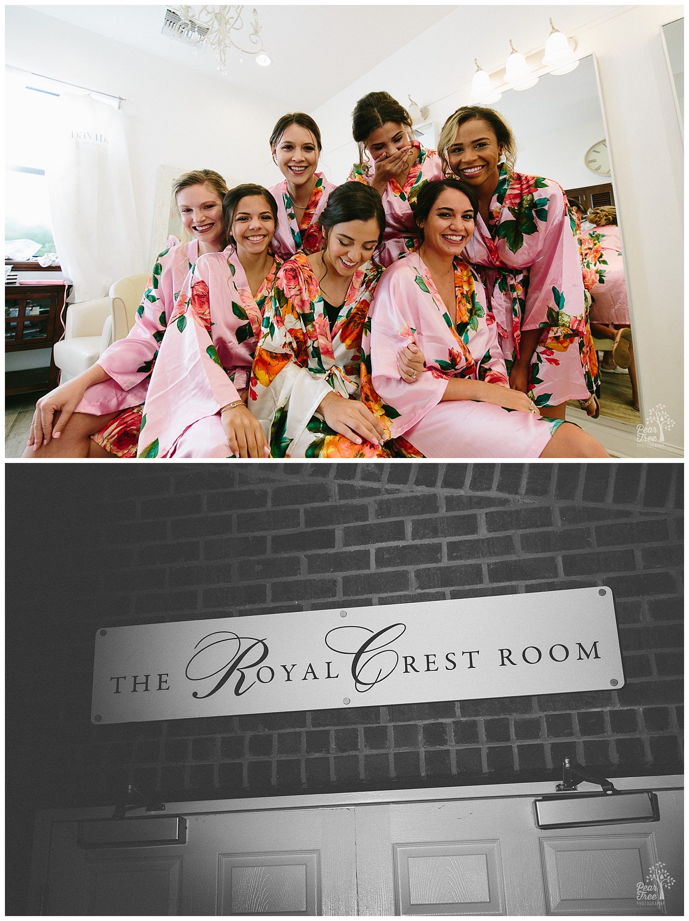 Bride and bridesmaids sitting close and giggling together in their robes and makeup