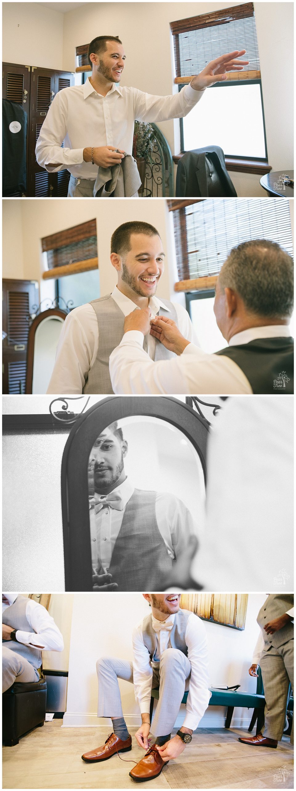 Groom getting ready with his Dad, father-in-law-to-be, and groomsmen inside the Royal Crest Room