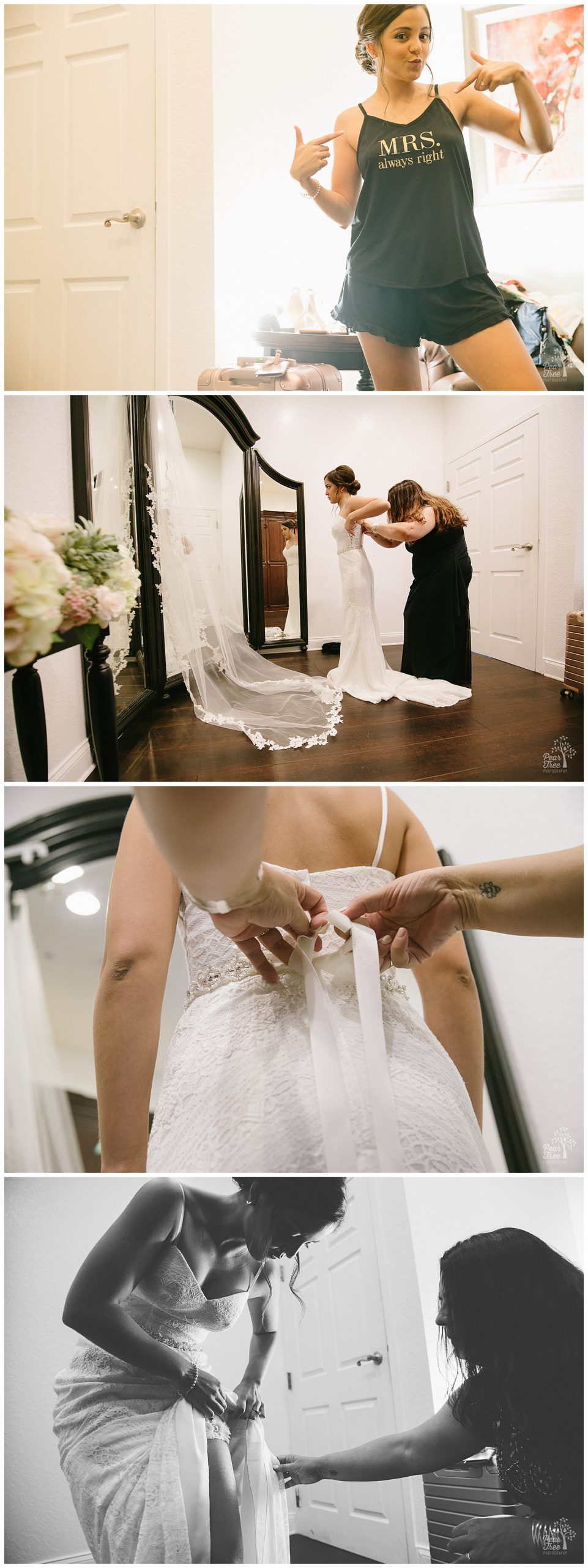 Bride putting on her wedding gown with her mom's help inside the Royal Crest Room