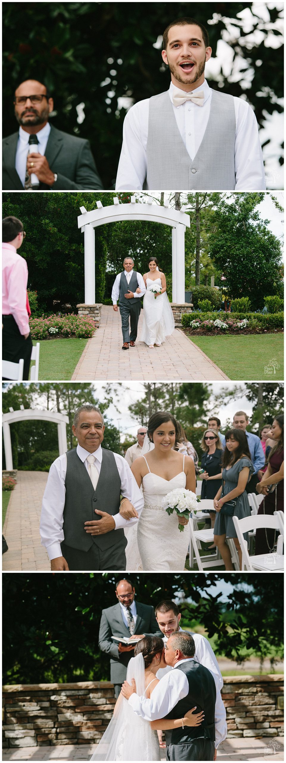 Groom seeing bride dressed in her wedding gown for first time as her Dad walks her down outdoor aisle at the Royal Crest Room