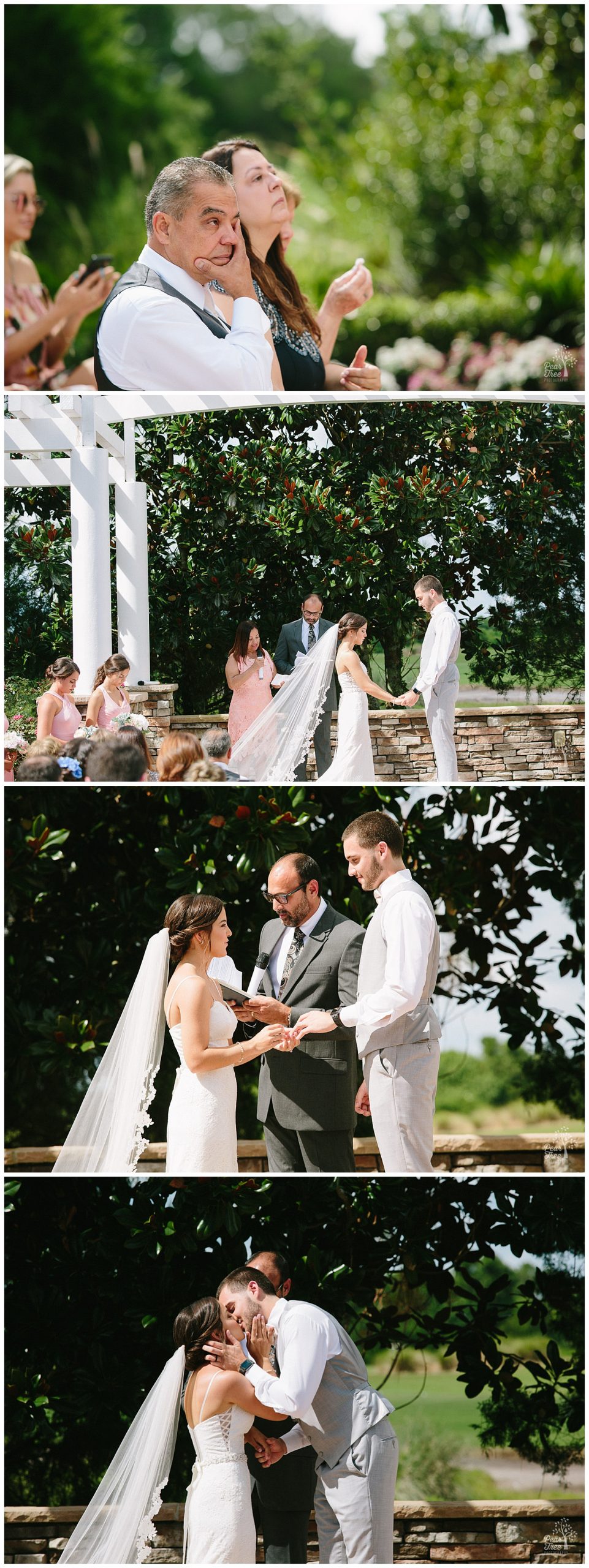 Bride's parents wiping away tears during ring exchange and First Kiss at the Royal Crest room