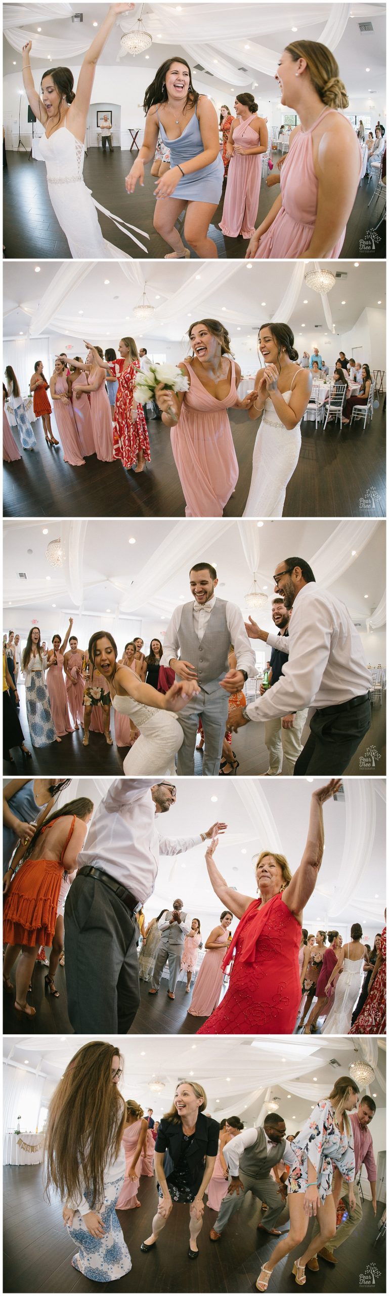 Bride and family dancing inside the Royal Crest Room at wedding reception