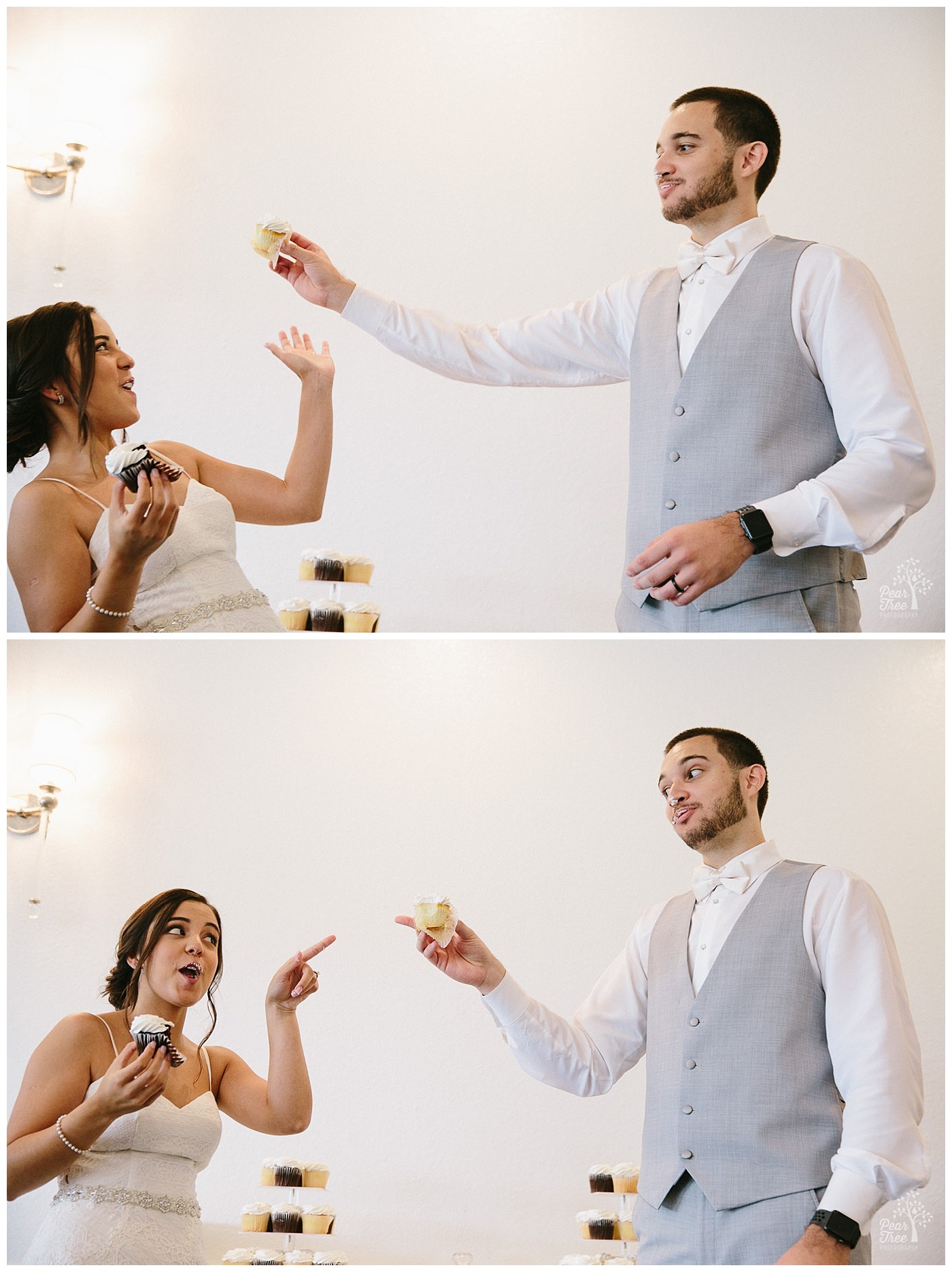 Bride + Groom inside the Royal Crest Room being mischievous during cupcake first bites