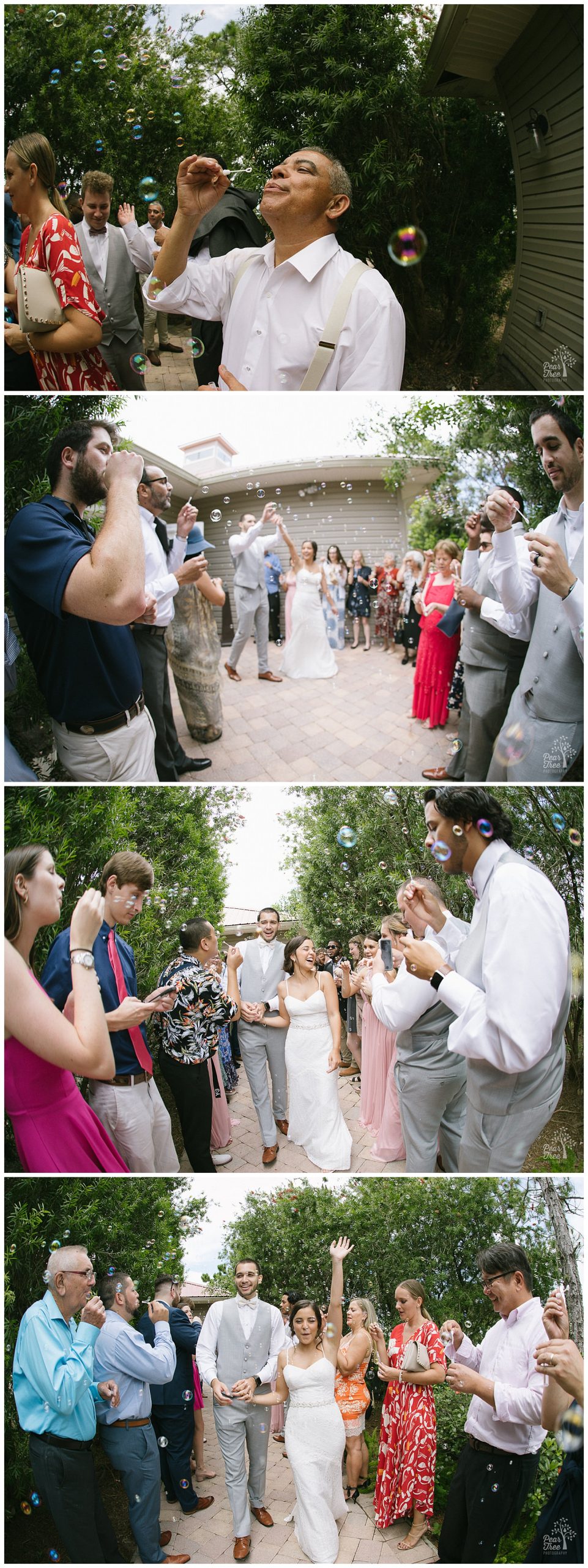 Bride + Groom leaving under bubble serenade from family and friends outside of the Royal Crest Room