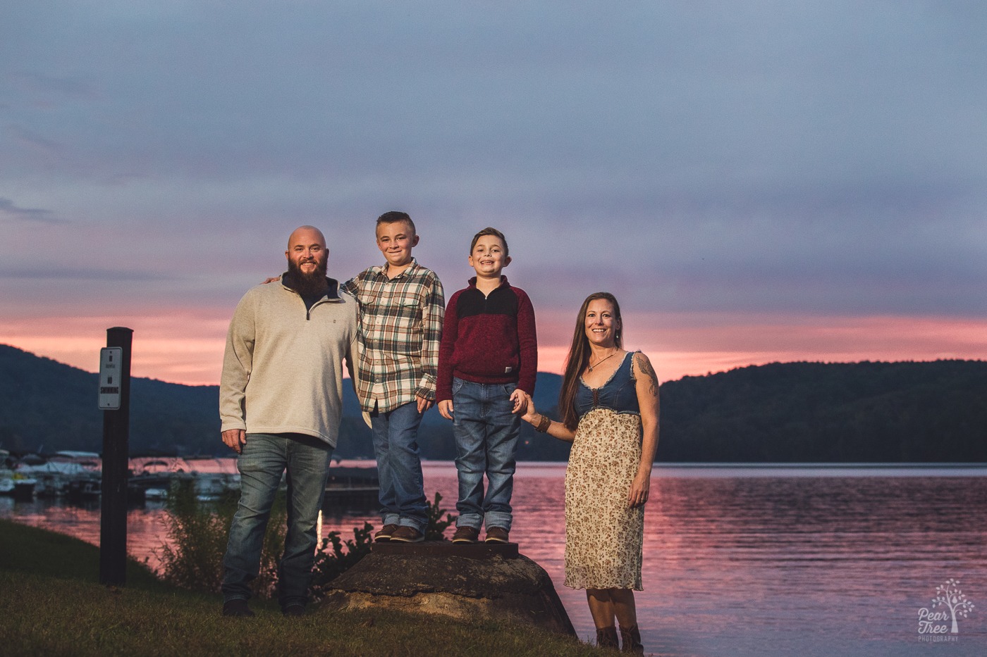 Family photography session with two sons at Lake Arrowhead during sunset