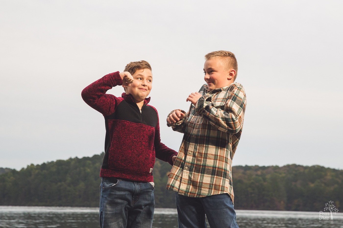 Two cute brothers play fighting and having fun at Lake Arrowhead