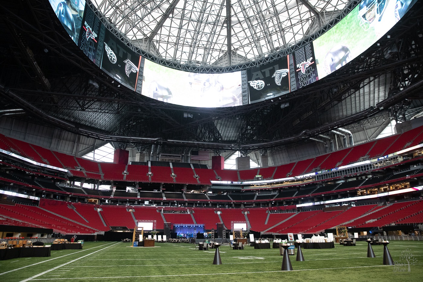 Atlanta Mercedes Benz stadium set up for Covenant House Georgia's Night of Broadway Stars on the field before guests arrive