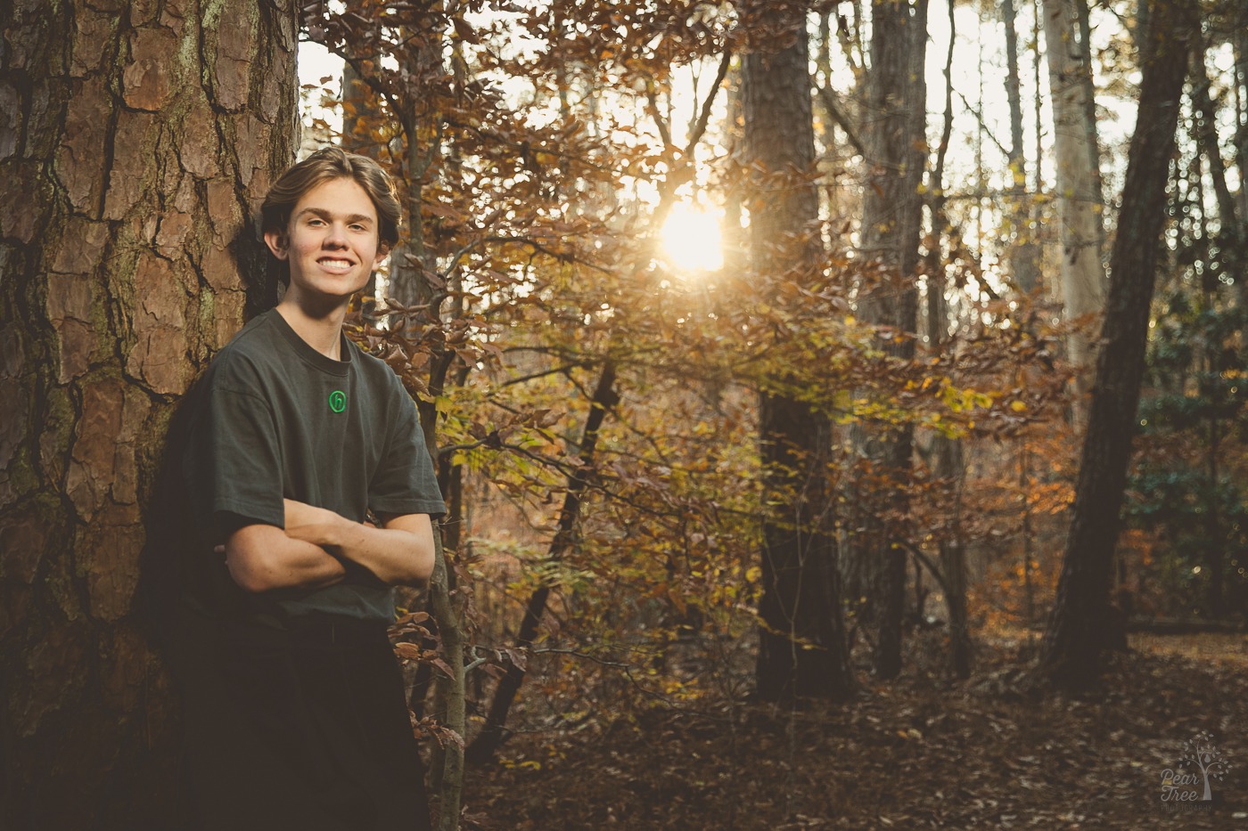 Sun shining behind a Canton high school senior boy leaning against a tree in the fall