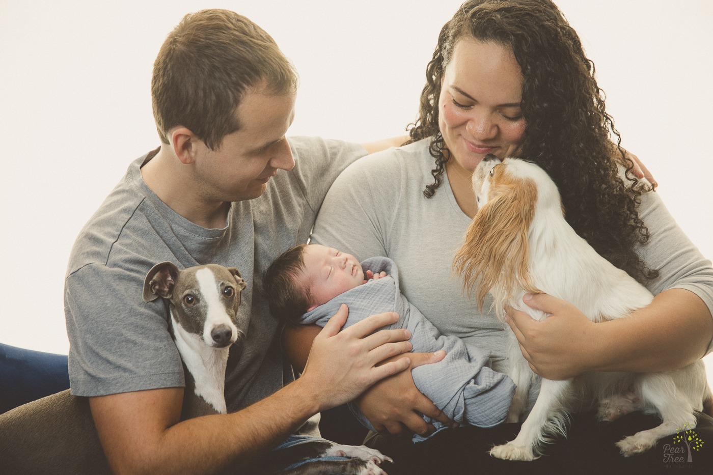 Inter racial parents holding their newborn daughter and two dogs