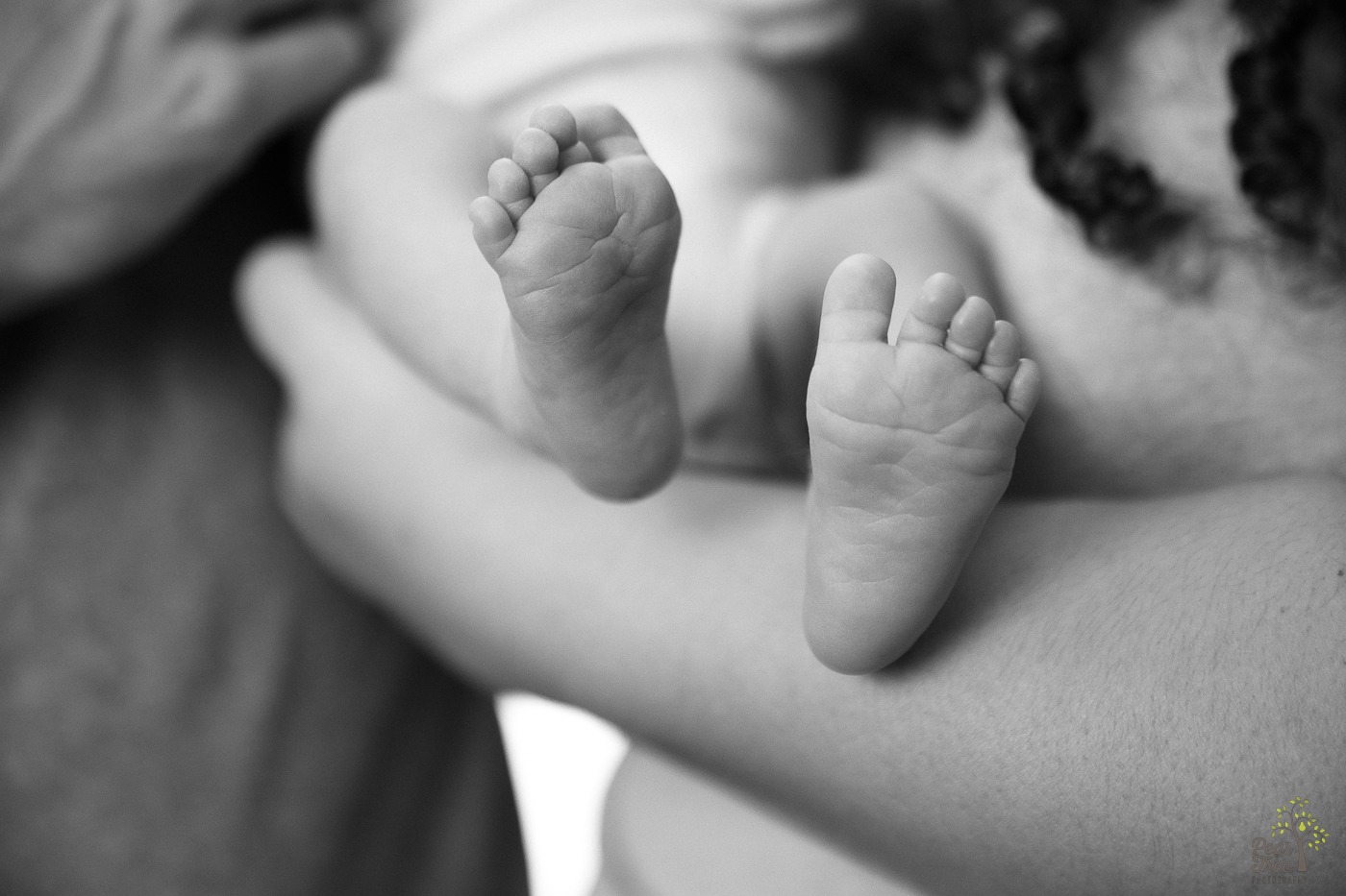 Black and white photograph of newborn feet resting over her mom's arms