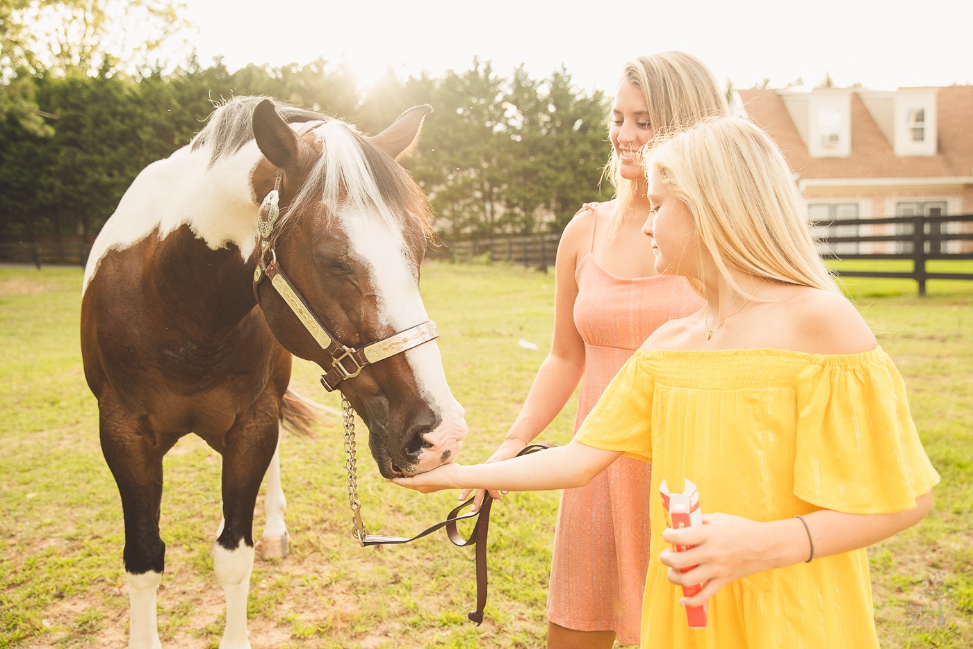 Two sisters feeding their paint horse Red Hots candies as a bribe to behave during their photoshoot