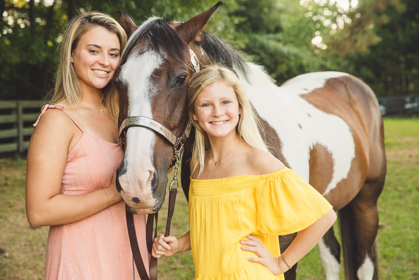 Two smiling sisters with blond hair and in pastel sundresses standing with their paint horse
