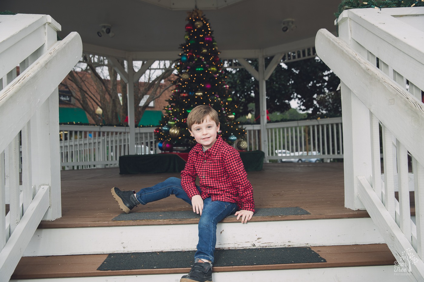Cute four year old photoshoot with a boy sitting relaxed with his arm on his leg on steps in front of a Christmas tree
