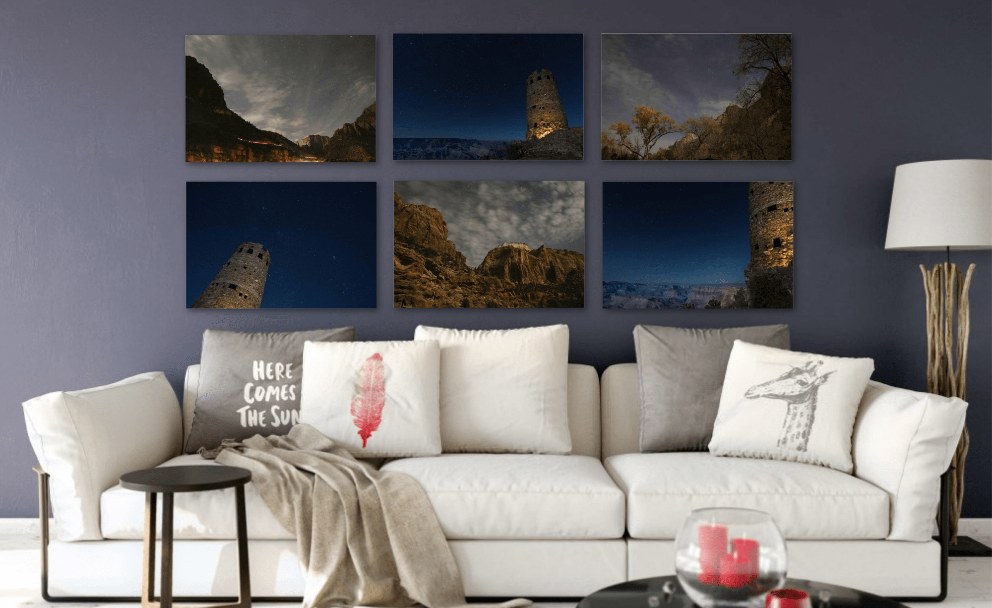 Living room wall decorated with six 24x36 fine art pieces with night photographs of the Grand Canyon and Zion National Park