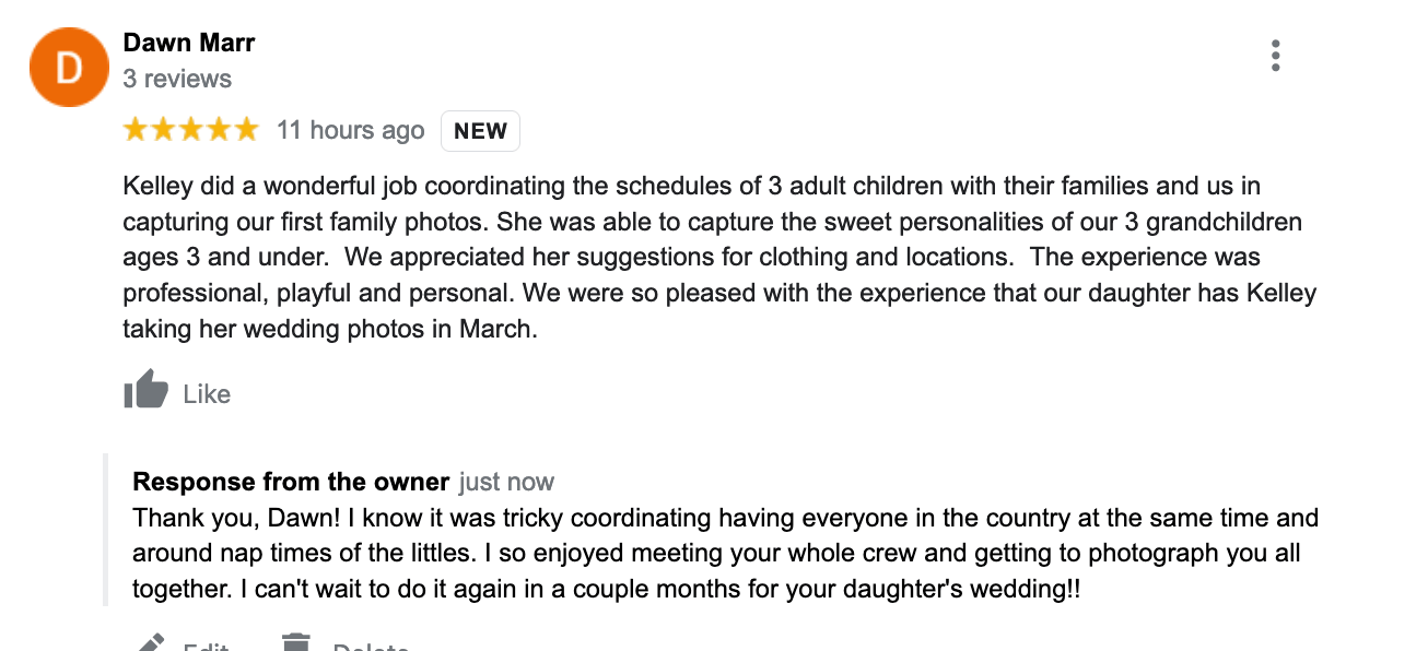 Five star google review of Pear Tree Photography Atlanta from the matriarch of this multi-generational family photo shoot