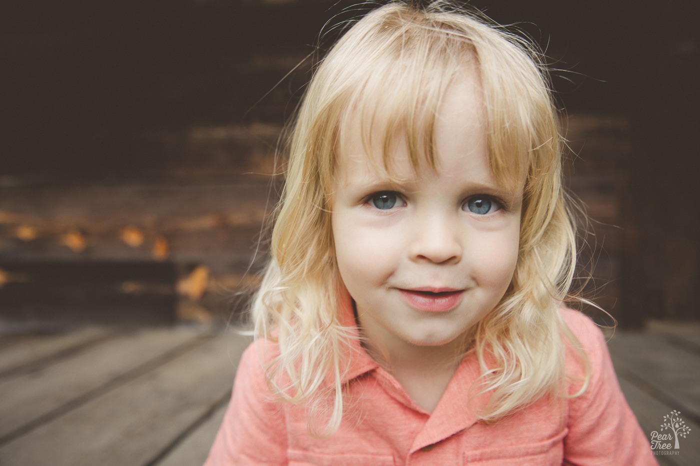 Close up of a cute three year old boy with long blond hair and blue eyes smiling sweetly