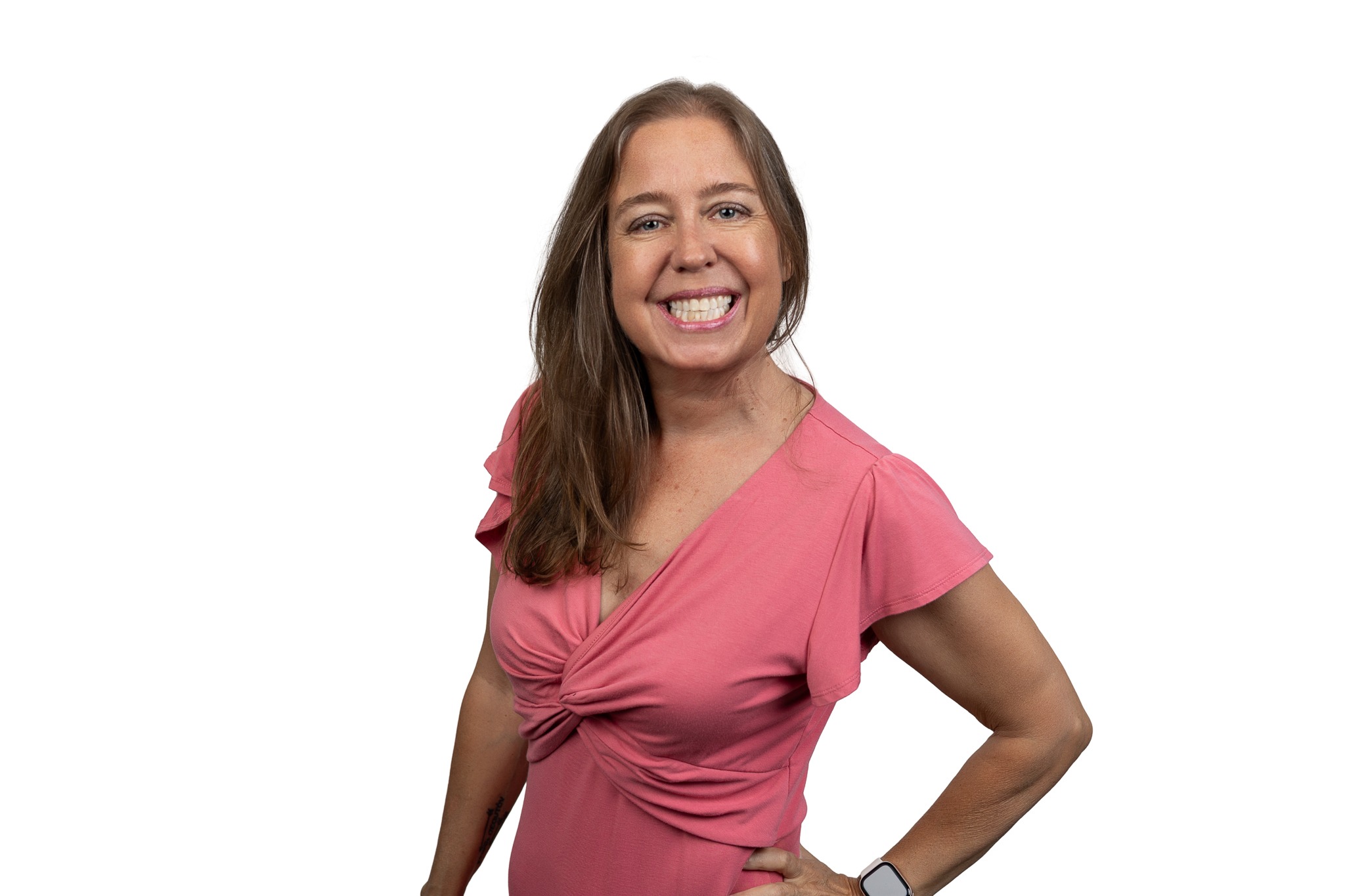 Kelley_Wenzel_Pear_Tree_Photography_Atlanta_headshot_photographer-6 Professional headshot of photographer Kelley Wenzel wearing a pink dress and gorgeous smile in front of a white background.