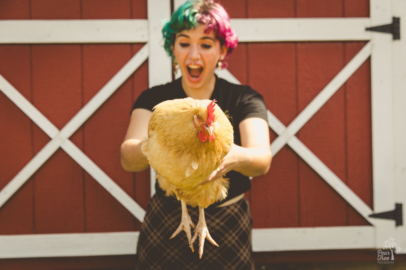 A surprised teenager holding a chicken out in front of them with the chicken feet dangling down