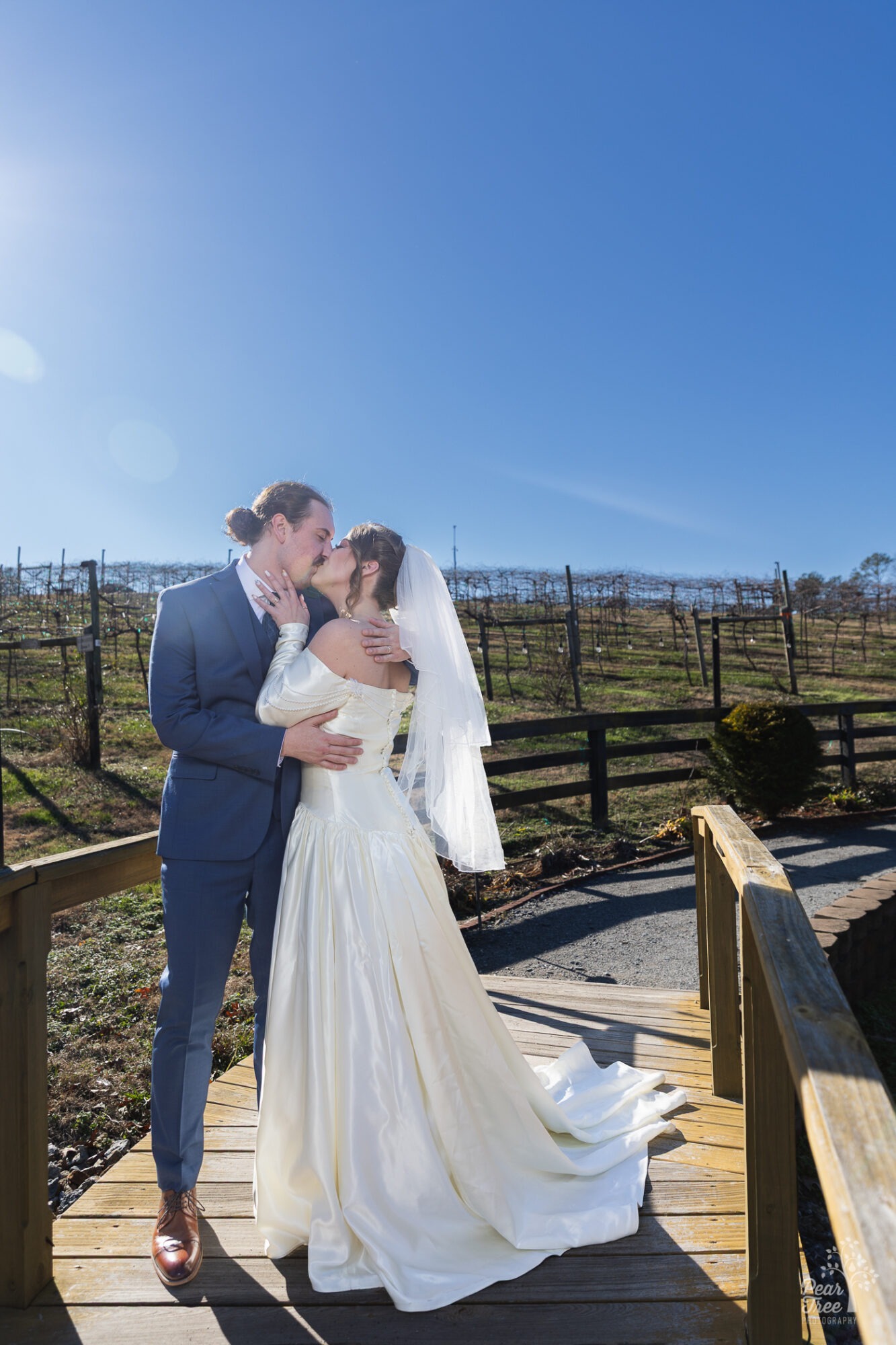 Bride and groom holding each other close and kissing at Big Door Vineyard.