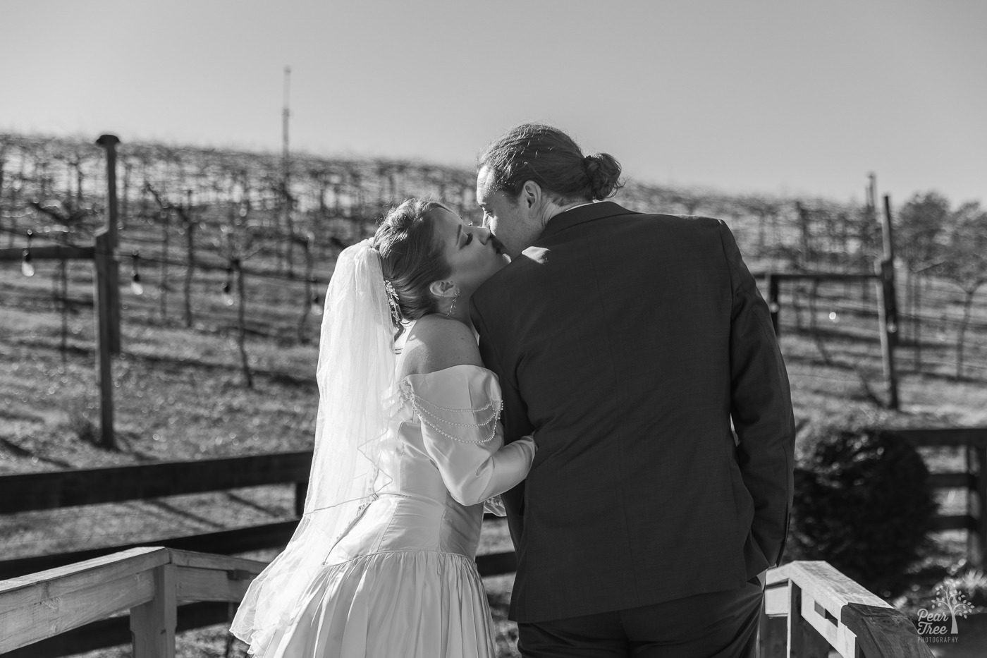 Romantic black and white photograph of a bride and groom kissing at Big Door Vineyards