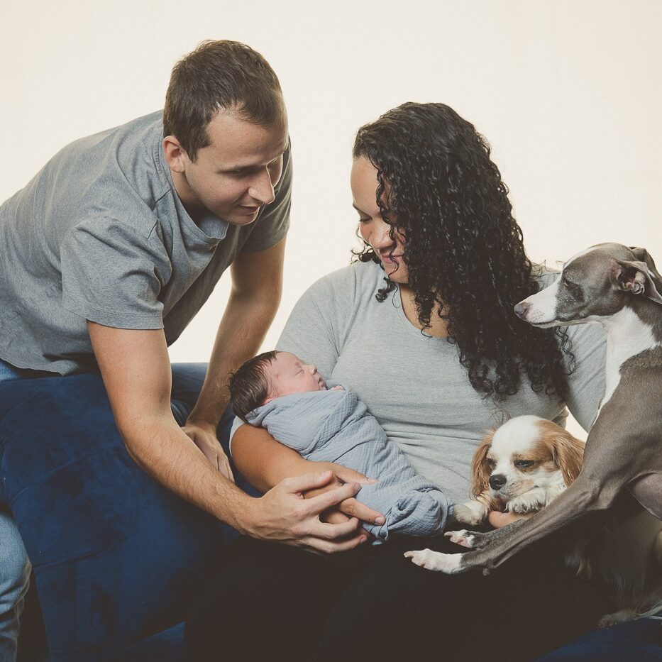 Inter racial parents holding their newborn daughter while their two dogs look on